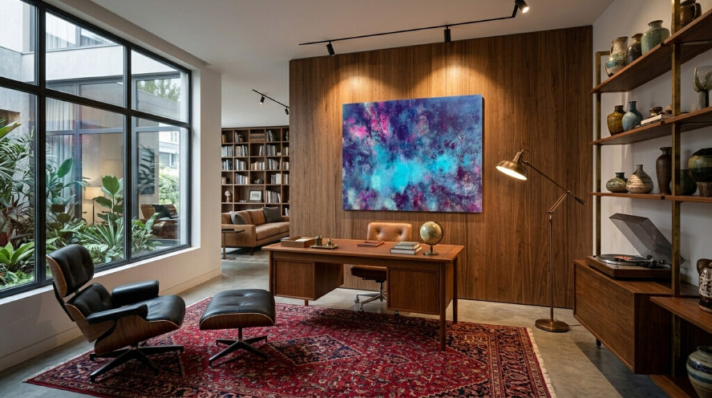Pintura abstrata contemporânea em parede de escritório premium com mobiliário clássico de madeira e poltrona de couro
